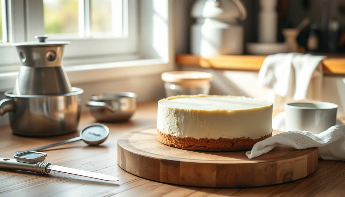 Hausgemachter Frischkäse Kuchen auf Holztisch mit Käseherstellungswerkzeugen im Hintergrund