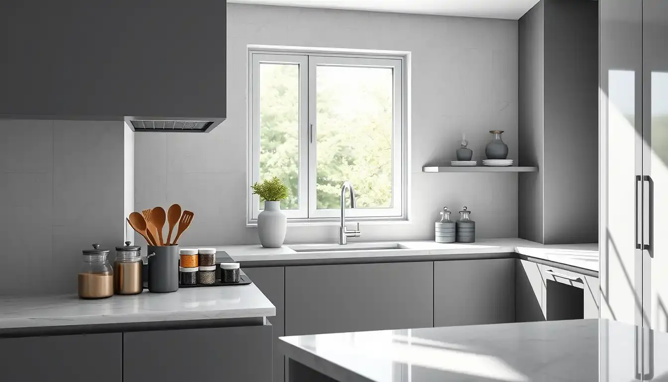 Moderne graue Küche mit eleganten Utensilien und hellem Küchendesign