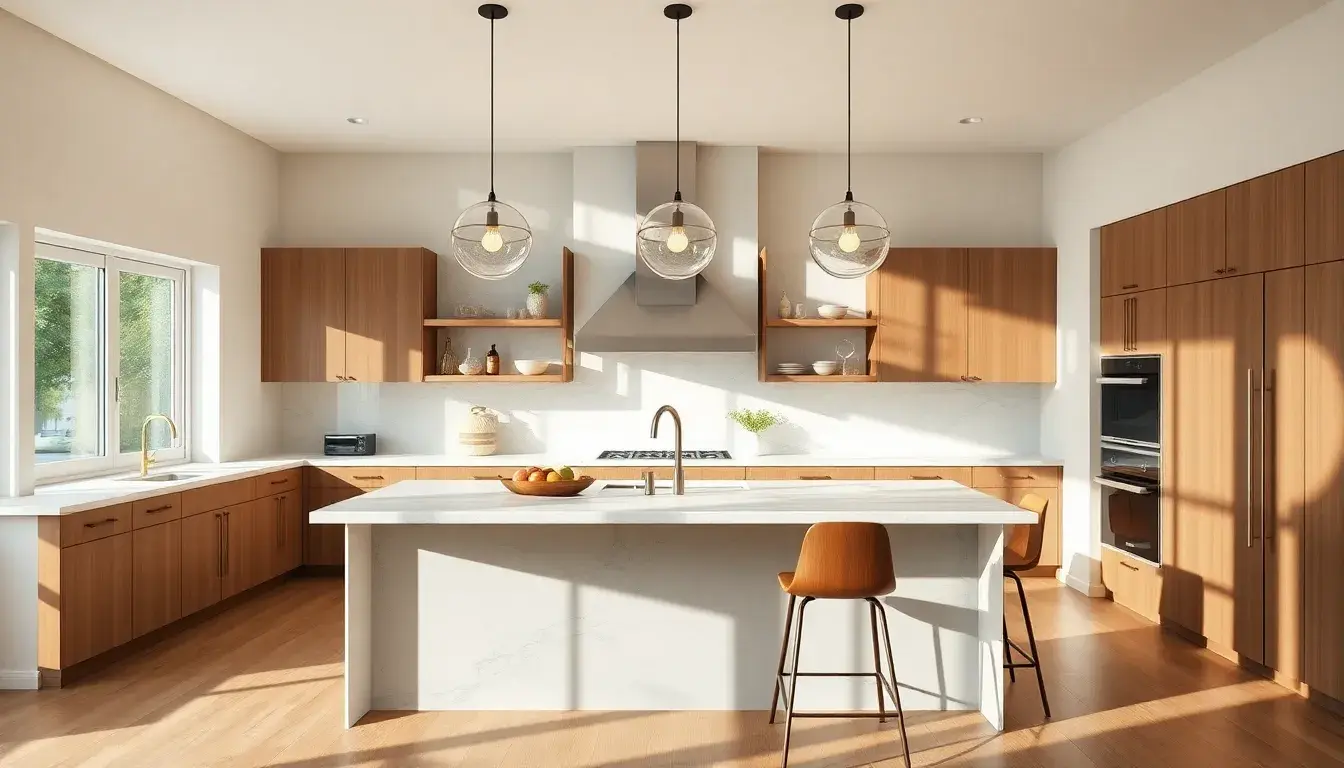 Moderne Insel Küchen mit stilvoller Beleuchtung und Marmor-Arbeitsplatte