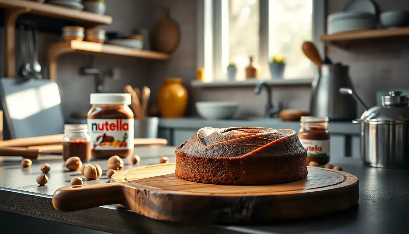 Saftiger Nutella Kuchen auf einem rustikalen Holzbrett in einer sonnigen Küche