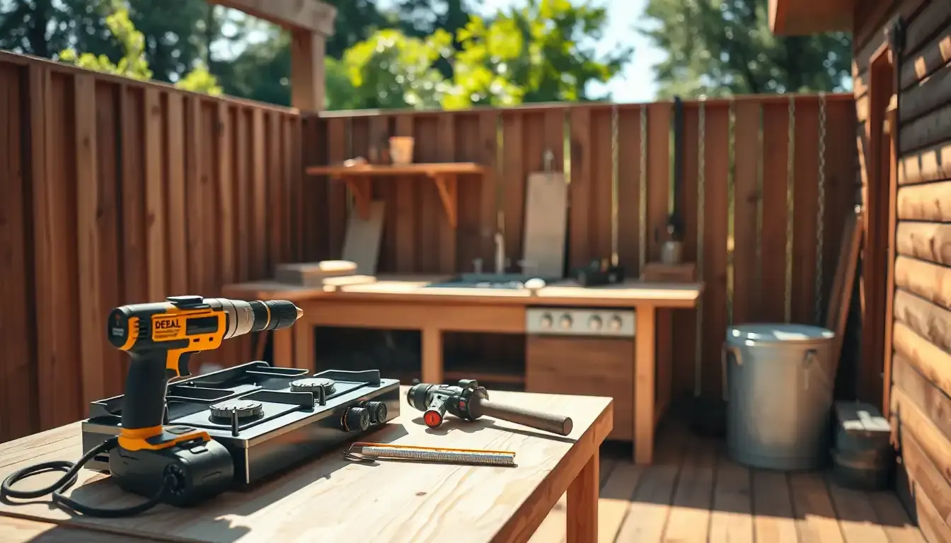 Outdoor Küche selber bauen mit Werkzeugen wie Akkuschrauber und tragbarem Gaskocher im Garten.
