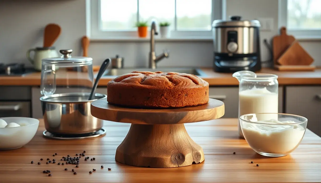Vegane Kuchen auf Holzständer mit professionellem Backzubehör in sonniger Küche