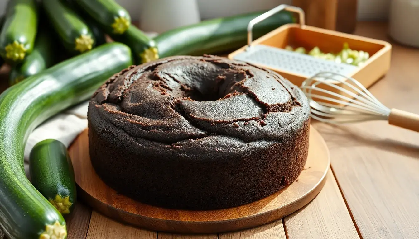 Saftiger Zucchini Kuchen auf einem Holztisch mit frischen Zucchini und einer Küchenreibe.