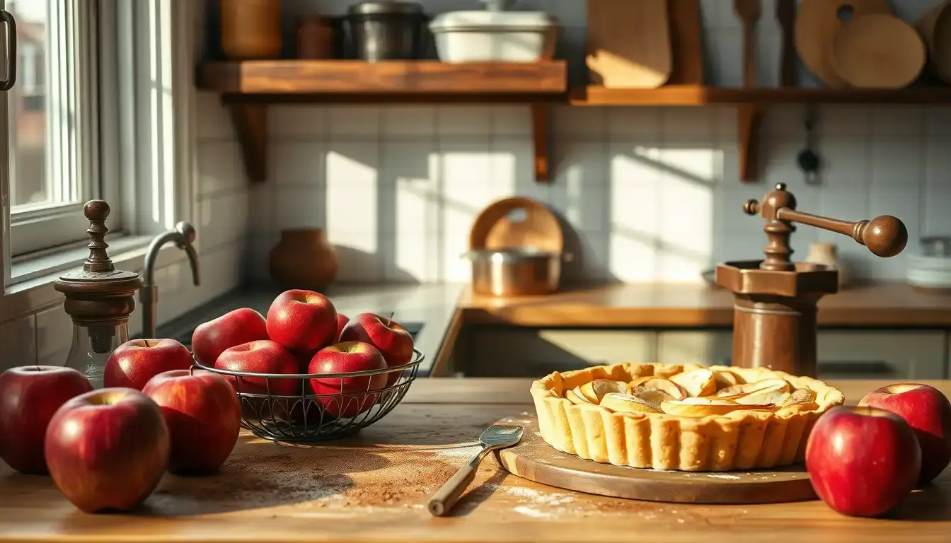 Frische Äpfel und Backzubehör für den perfekten Apfelkuchen auf einer rustikalen Holzarbeitsplatte