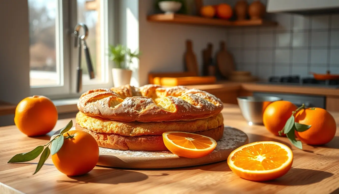 Köstlicher Faule Weiber Kuchen mit Mandarinen auf einem hellen Holztisch