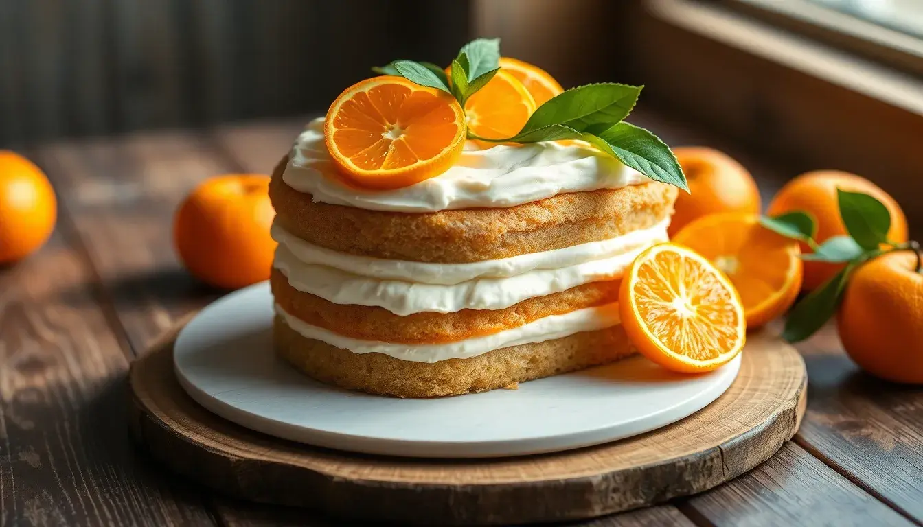 Friss dich dumm Kuchen mit Sahneschicht und Mandarinen auf einem Holztisch