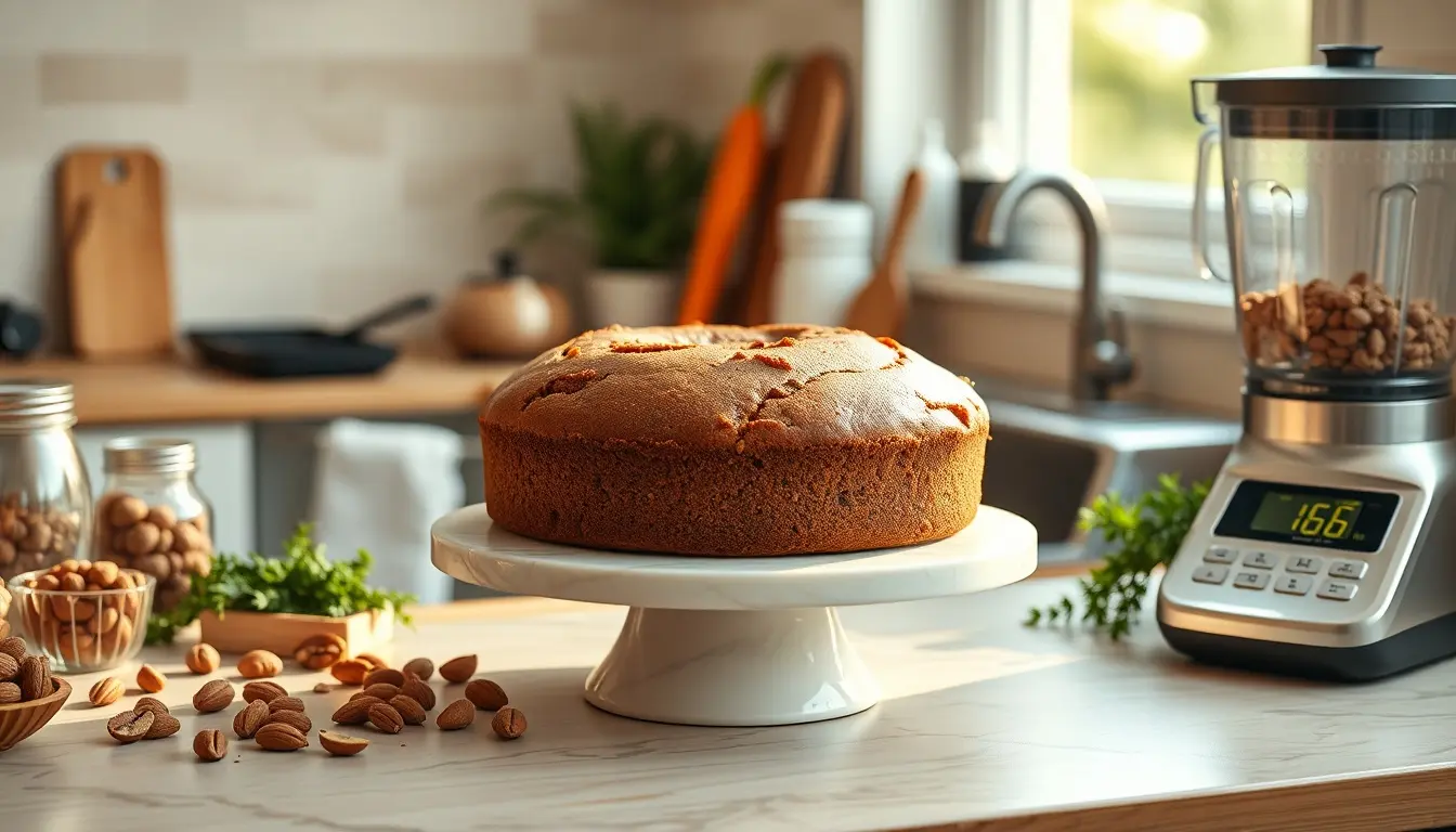 Gesunder Kuchen aus Vollkornmehl auf einem Marmorständer in einer sonnigen Küche mit Backutensilien.