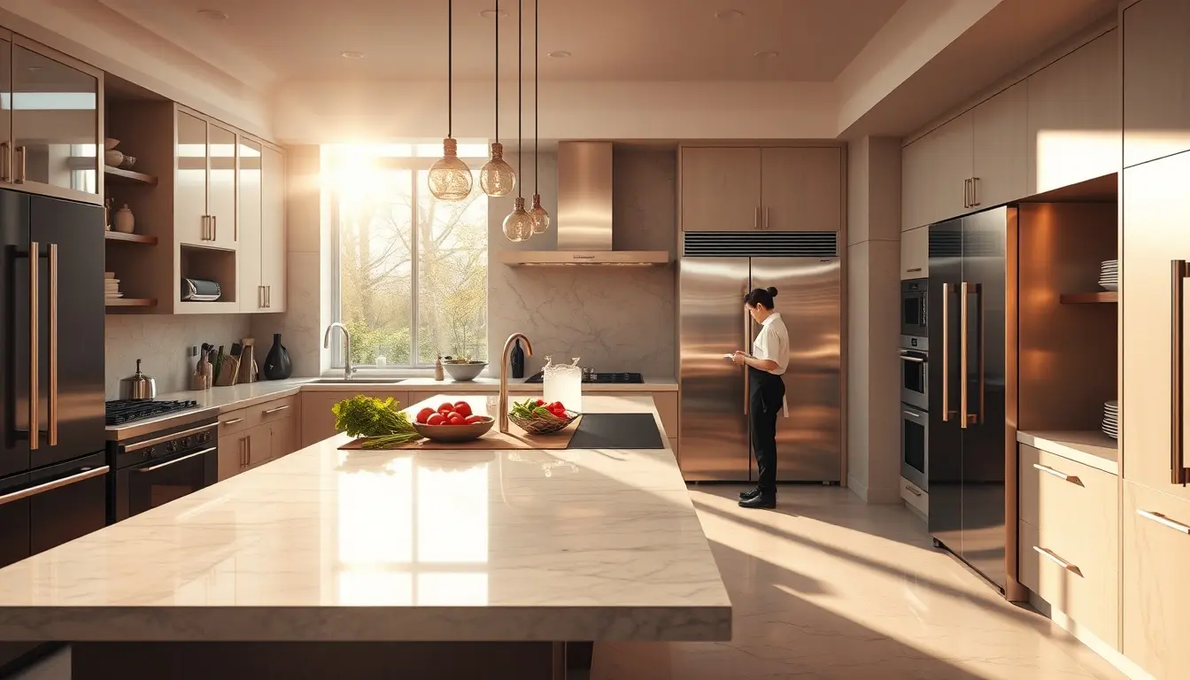 Moderne Luxusküche mit Kochinsel aus Marmor und hochwertigem Zubehör im Sonnenlicht.