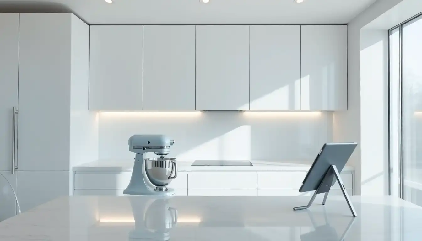 Helle Küche modern gestaltet mit High-Tech-Equipment und minimalistischem Design