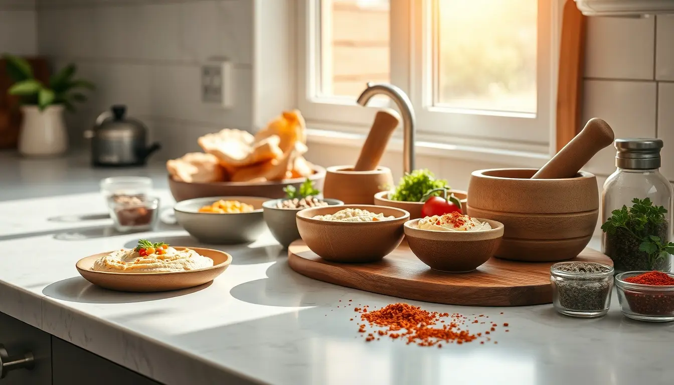 Levantinische Küche Mezze-Tafel mit Hummus, Pitabrot und orientalischen Gewürzen auf einer hellen Küchentheke