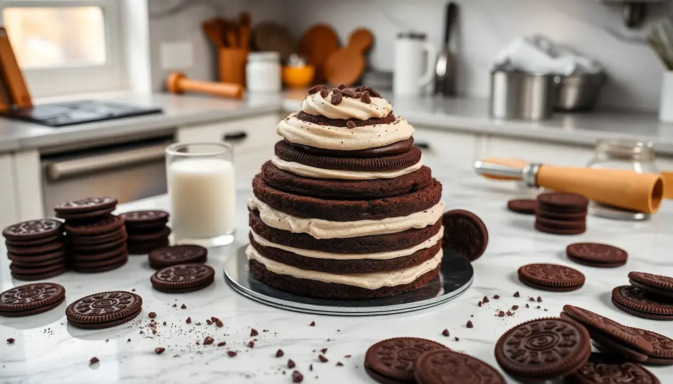 Prachtvoller Oreo Kuchen auf Marmorplatte mit Backutensilien und Keksen