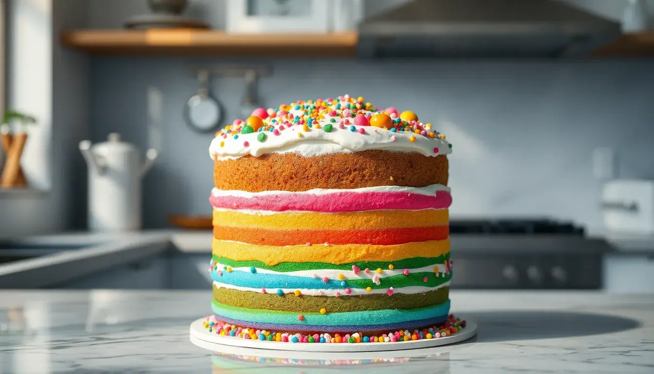 Vibrant multi-layered Rainbow Cake with colorful frosting and sprinkles on a marble counter