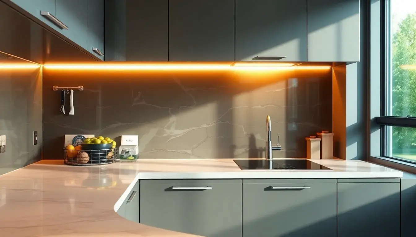 Moderne Küchenrückwand mit magnetischer Messerleiste und eleganter LED-Beleuchtung auf Marmor-Optik.