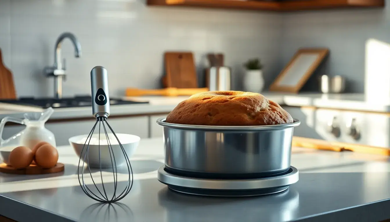 Moderne Küche mit kabellosem Rührgerät und frisch gebackenem Kuchen für schnelle Kuchen Rezepte.