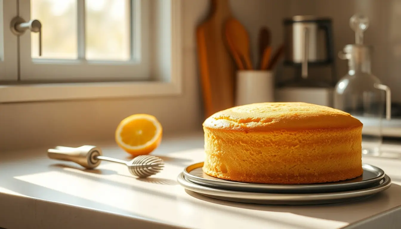 Saftiger goldbrauner Kuchen auf einer sonnigen Arbeitsplatte mit Backzubehör