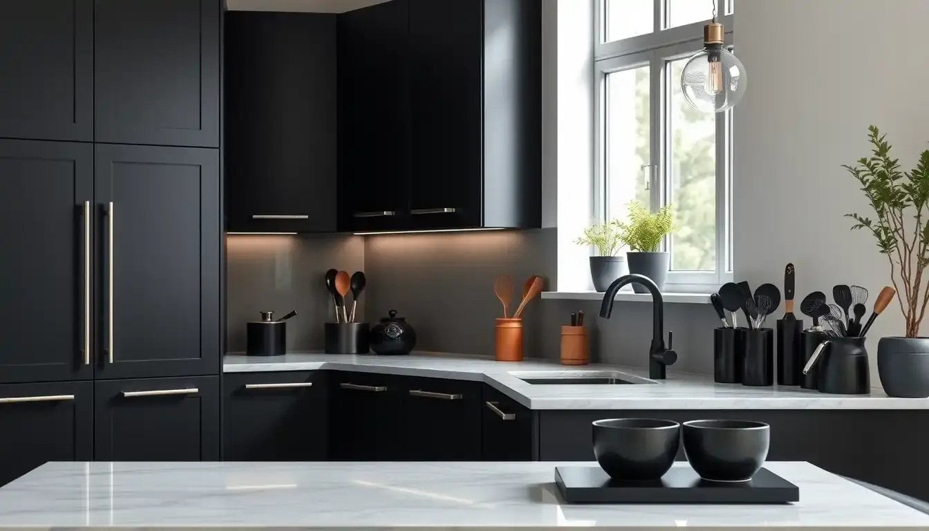 Moderne schwarze Küche mit matten Schränken und hochwertigen schwarzen Küchenutensilien auf einer Arbeitsplatte.