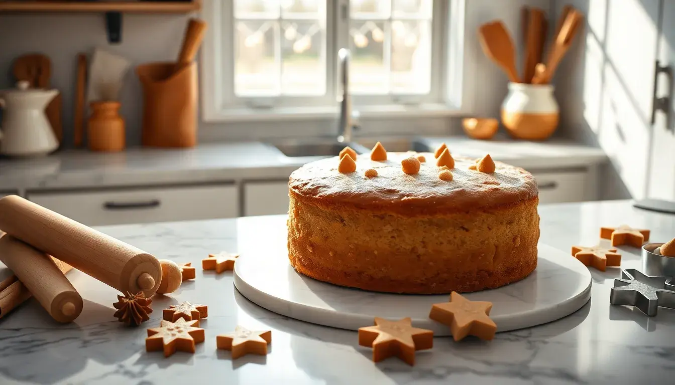 Frisch gebackener Spekulatius Kuchen auf einer Küchentheke mit Gewürzen und Backutensilien