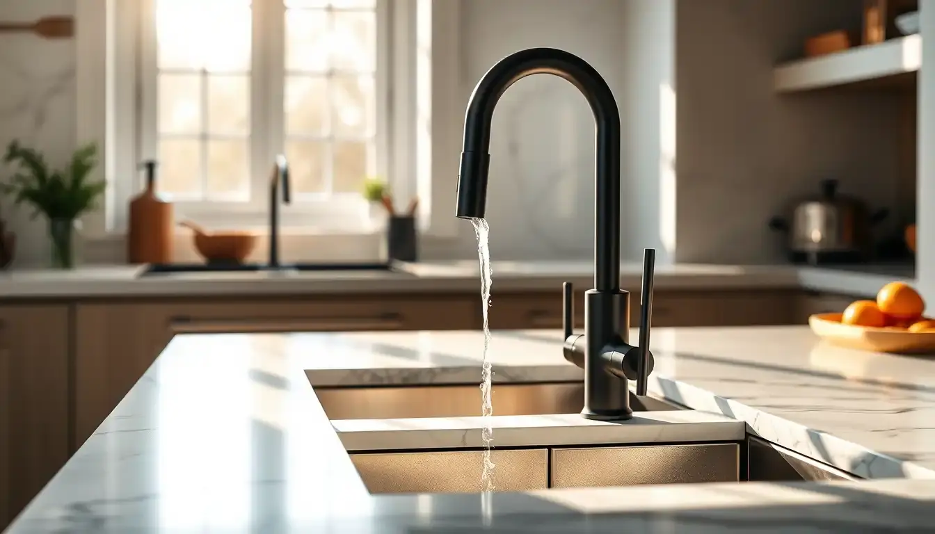 Moderne schwarze Armatur in einer hellen Küche mit fließendem Wasser auf Marmoroberfläche