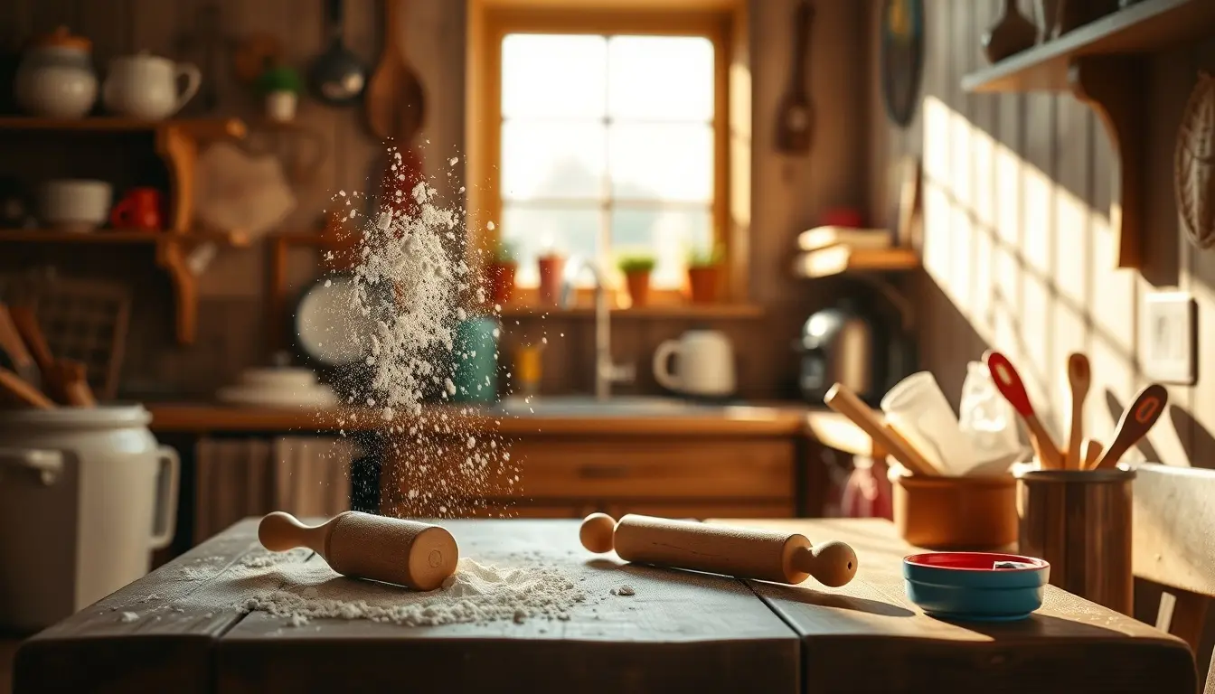 Kinder-Backzubehör auf einem sonnigen Küchentisch passend zum Backe backe kuchen text