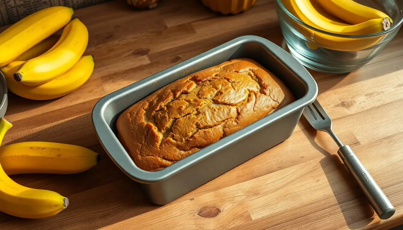 Frisch gebackener Bananenkuchen in einer Kastenform auf einer sonnigen Küchentheke mit Backutensilien.