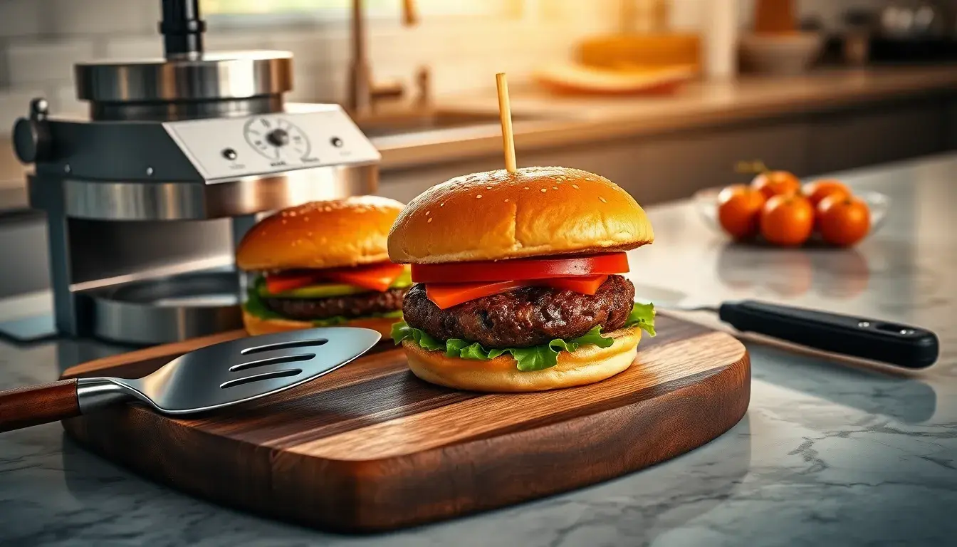 Professionelle Burger Küchen Ausstattung mit saftigem Burger und Grillwerkzeug auf Marmorarbeitsplatte.