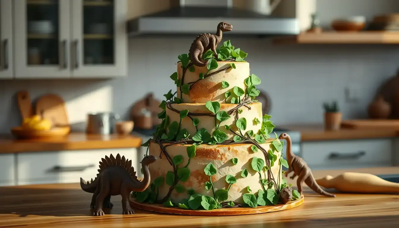 Mehrstöckiger Dino Kuchen mit grüner Fondant-Dekoration und Schokoladen-Dinosauriern auf einer Holztheke.