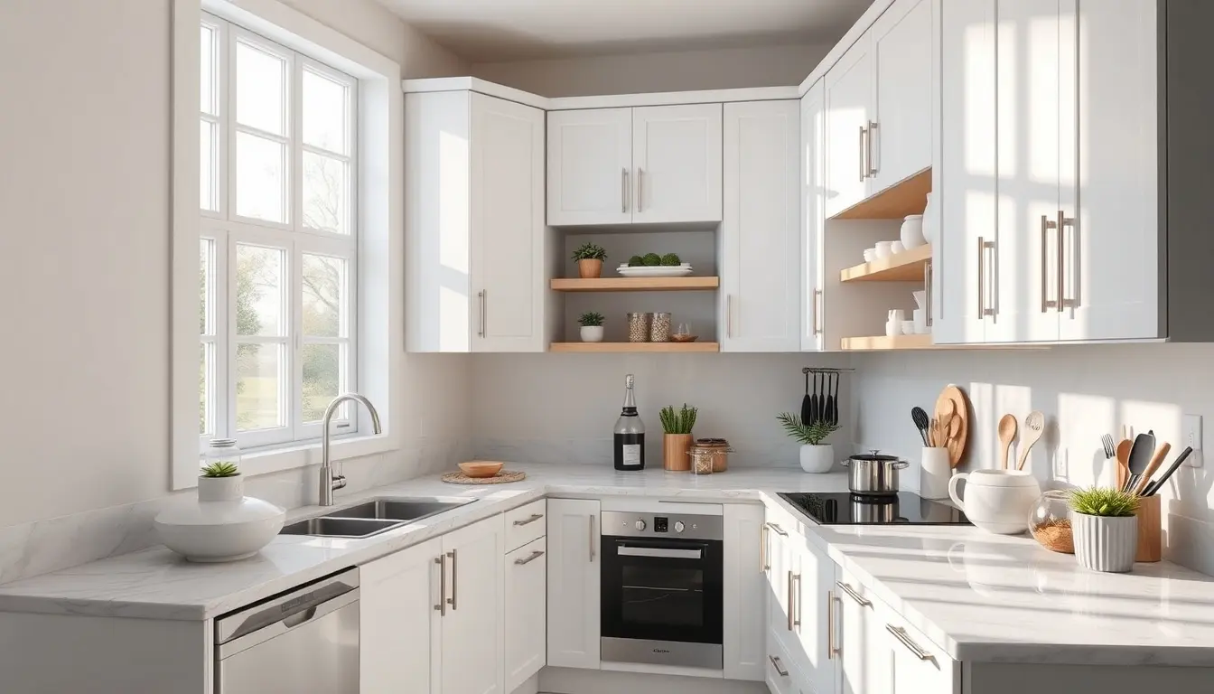 Helle moderne Eckküche mit organisierten Schränken und minimalistischem Design