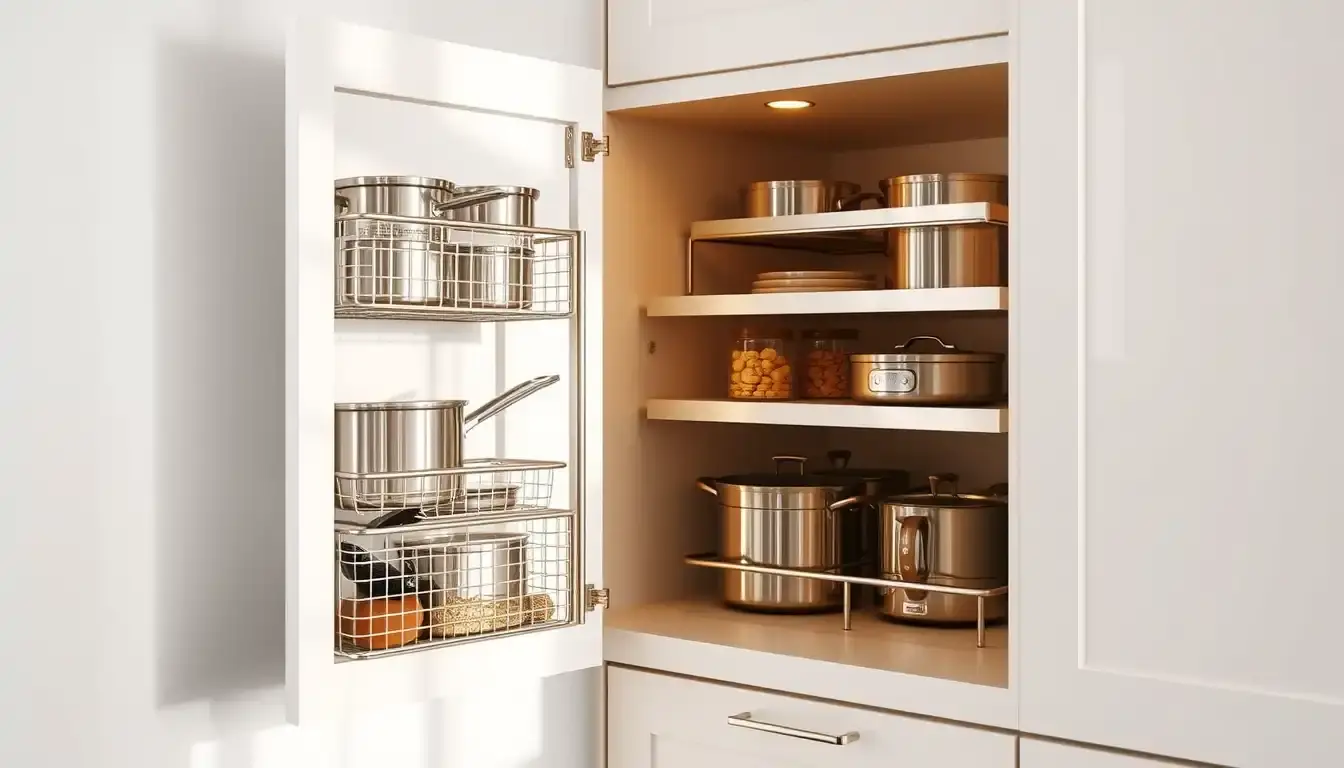 Moderner Eckschrank Küche mit ausziehbarem Organizer-System für Töpfe und Vorräte