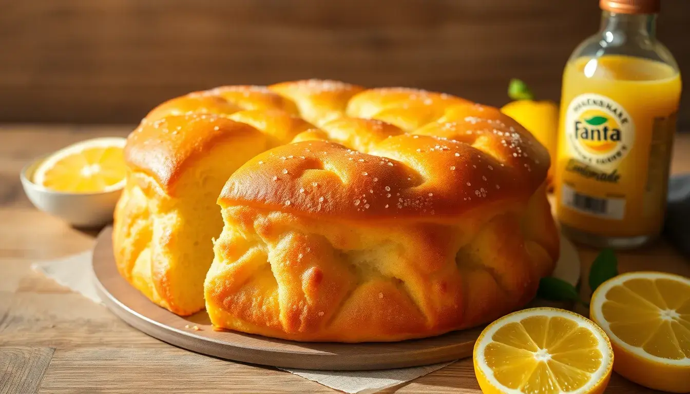 Goldbrauner Fanta Kuchen auf einem Küchentresen mit Orangenlimonade und Backwerkzeugen