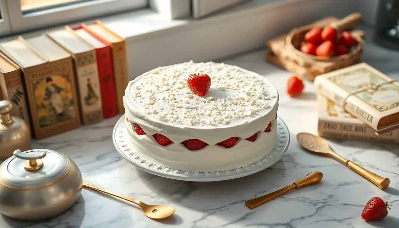 Märchenhafter Frau Holle Kuchen mit Sahnehaube und weißen Schokoraspeln auf Marmortisch