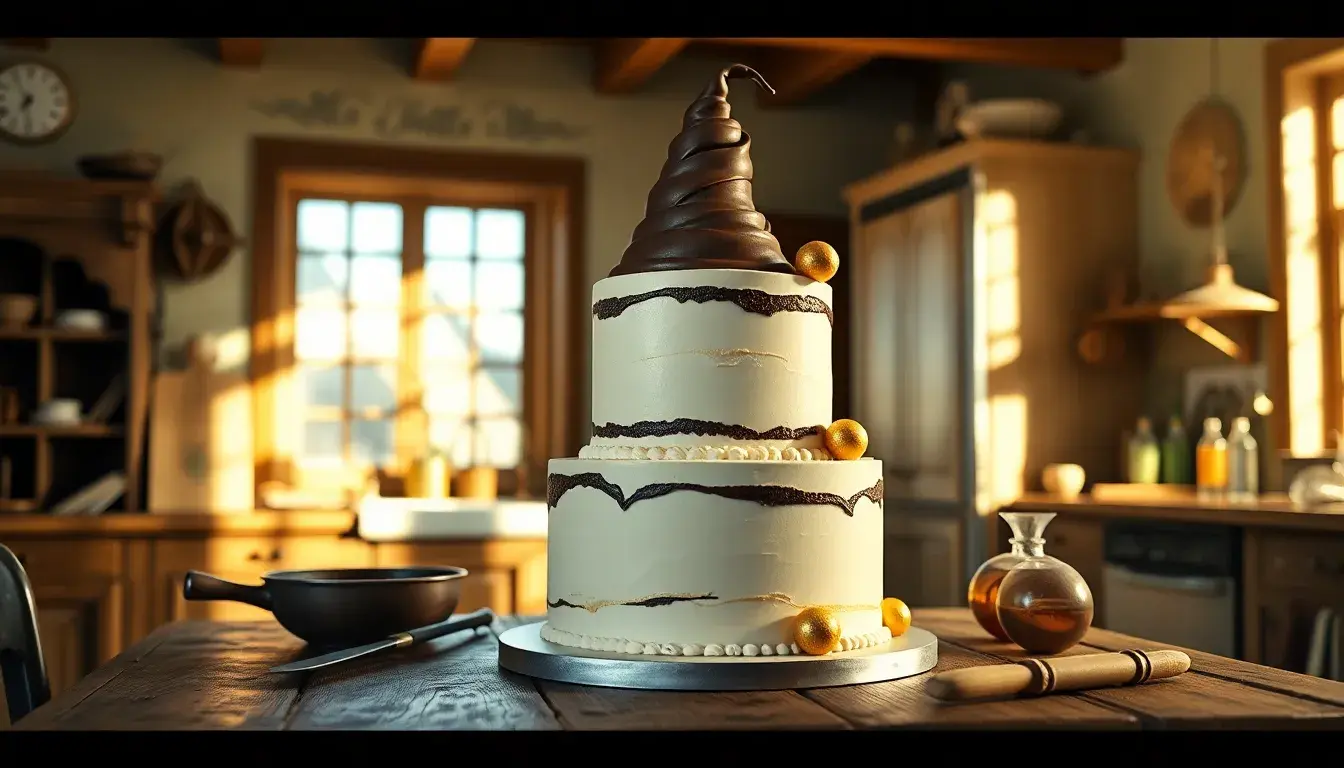 Prachtvoller Harry Potter Kuchen mit sprechendem Hut und goldenem Schnatz auf einem Holztisch