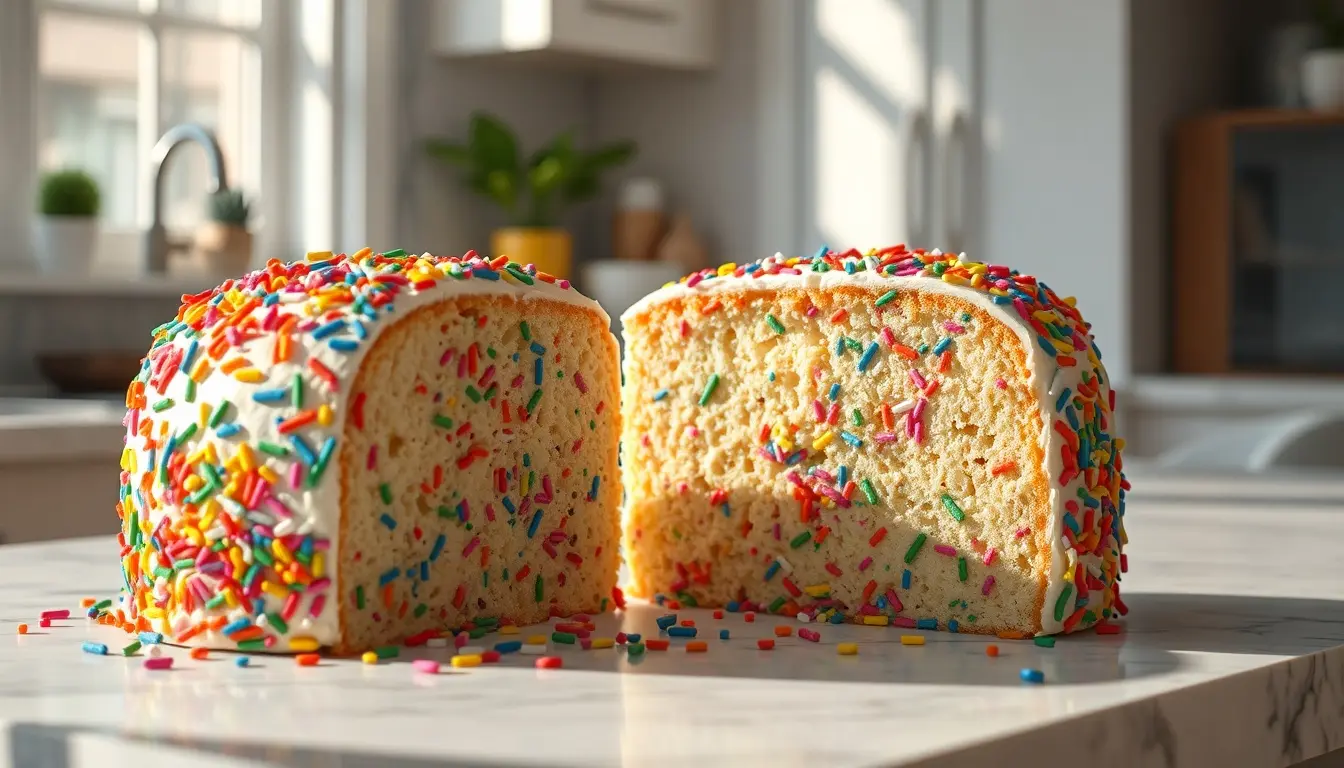 Ein angeschnittener bunter Konfetti Kuchen auf einer Marmorplatte in einer hellen Küche