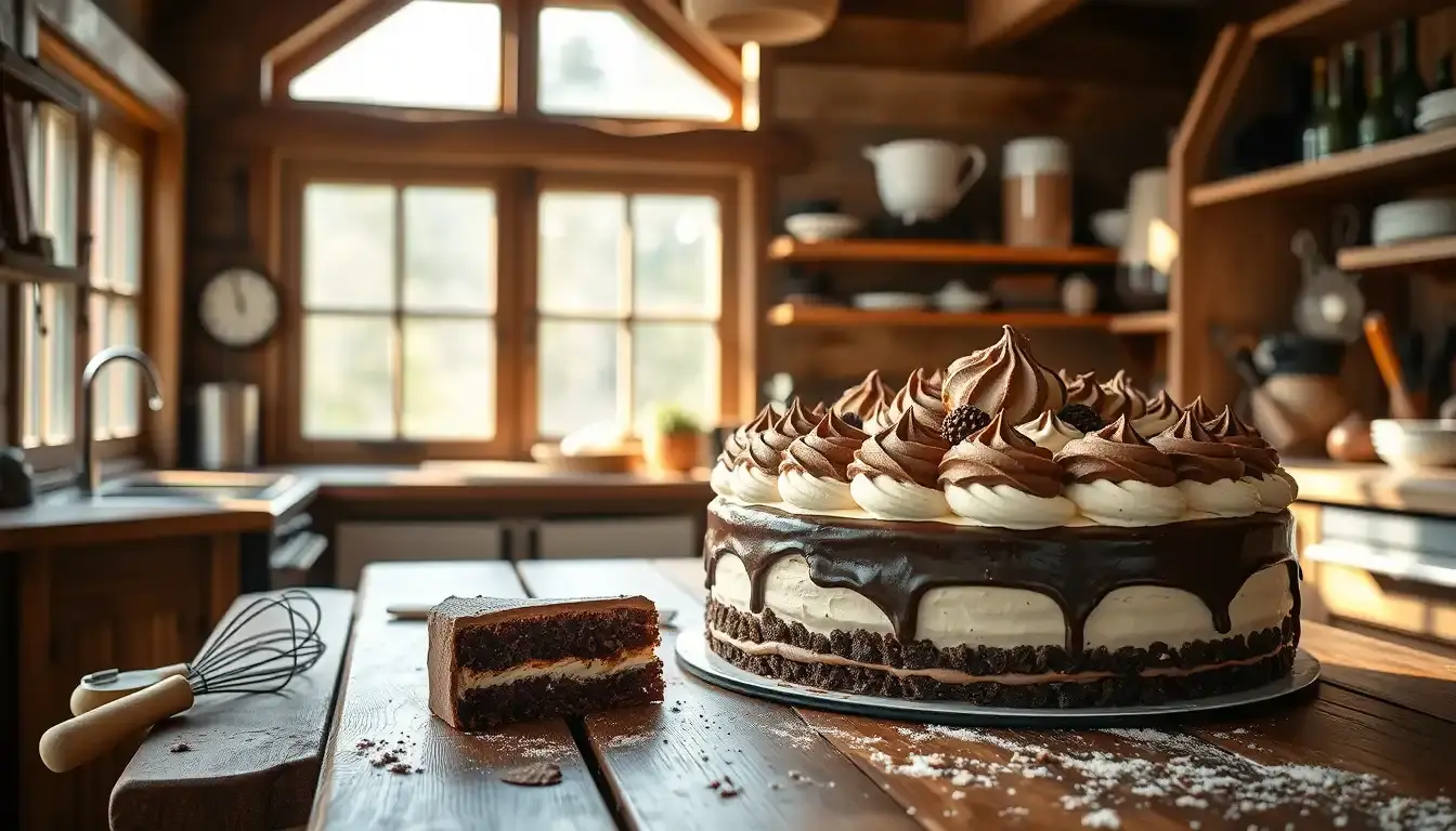 Hausgemachter Kuchen friss dich dumm auf rustikalem Küchentisch mit Backzubehör
