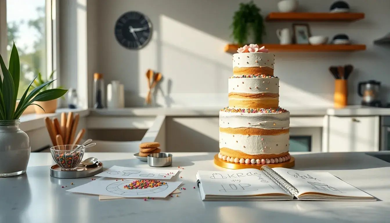 Ein stilvoll dekorierter Kuchen neben Backwerkzeugen und Skizzen auf einer hellen Küchentheke für kreative Kuchen Ideen.