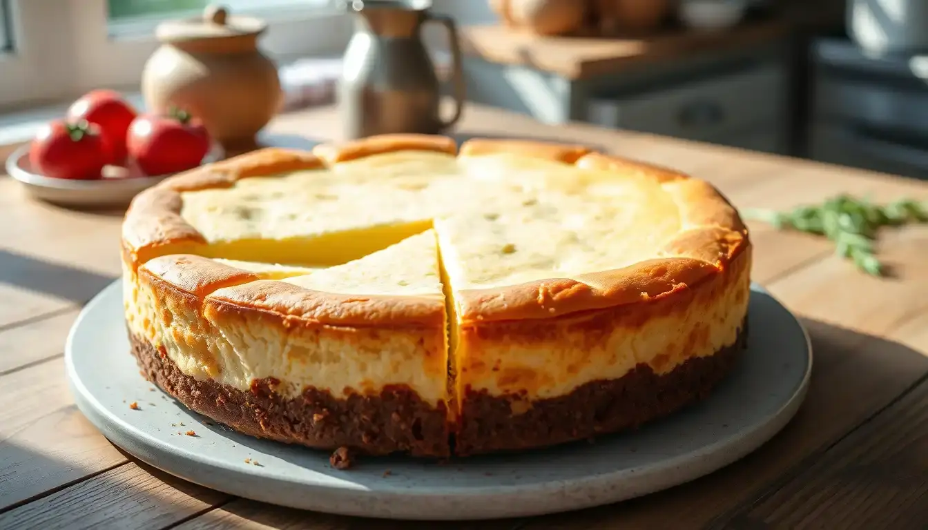 Frischer Kuchen mit Quark auf einem rustikalen Holztisch im Sonnenlicht