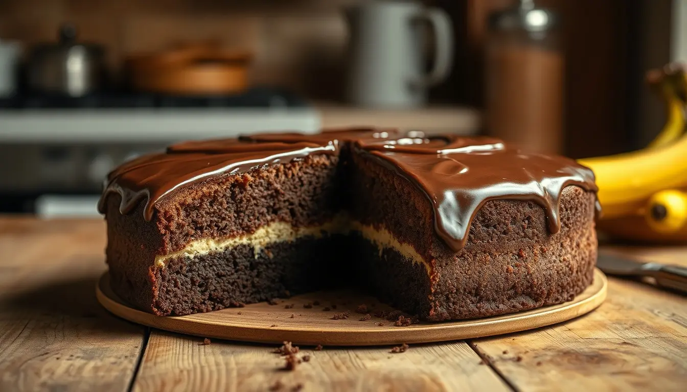 Saftiger Kuchen mit Schokobananen auf einem rustikalen Holztisch